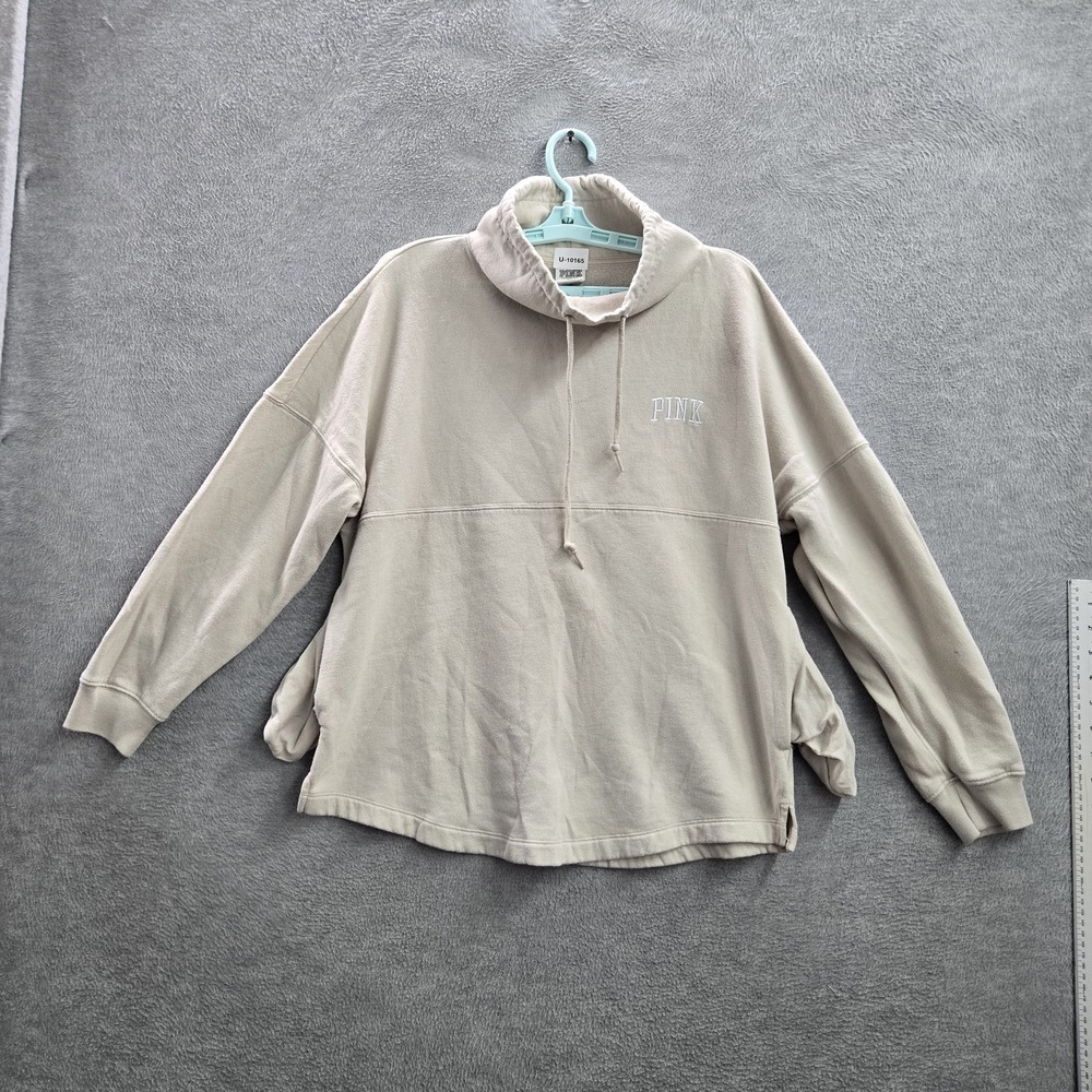 PINK Victoria's Secret Women Sweatshirt L Beige Embroidered‎ Pullover Cowl Neck
